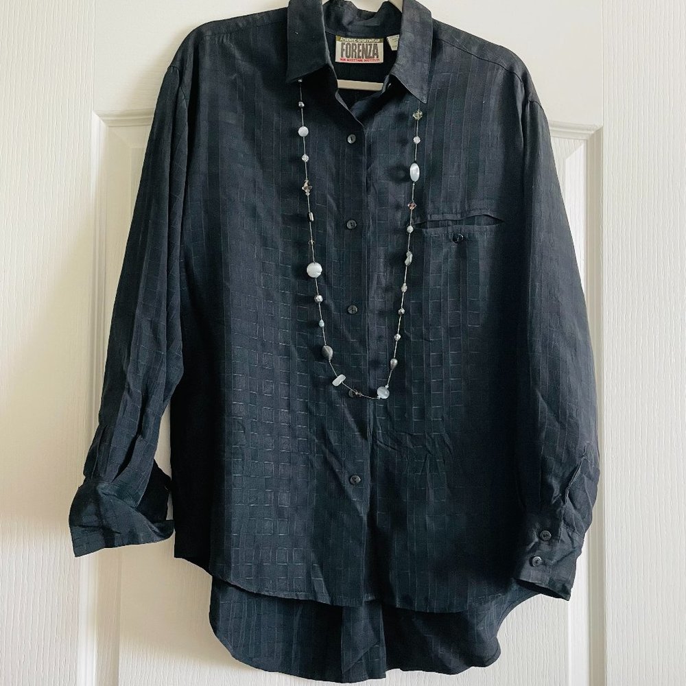 Vintage Forenza Womens Black Textured Long Sleeve Oversized Button Down Shirt M
